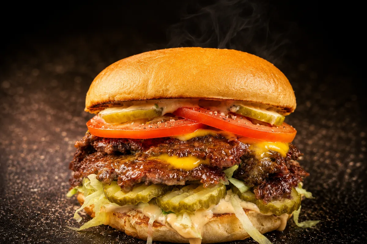 Smash burger with cheese, pickles and tomato