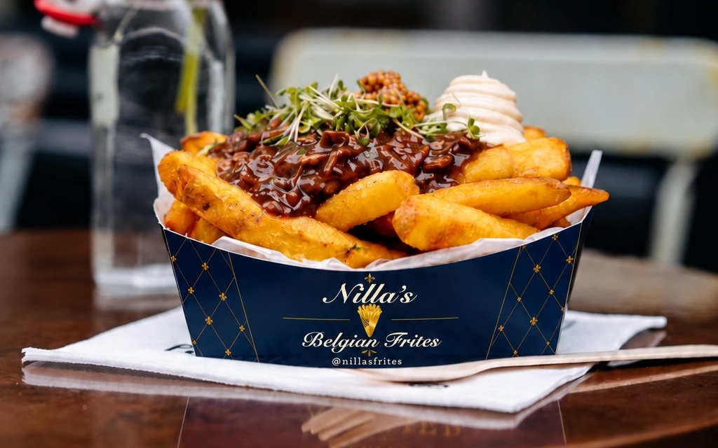 Nillas Belgian frites tray loaded with brisket gravy, mustard seeds, cress and aioli