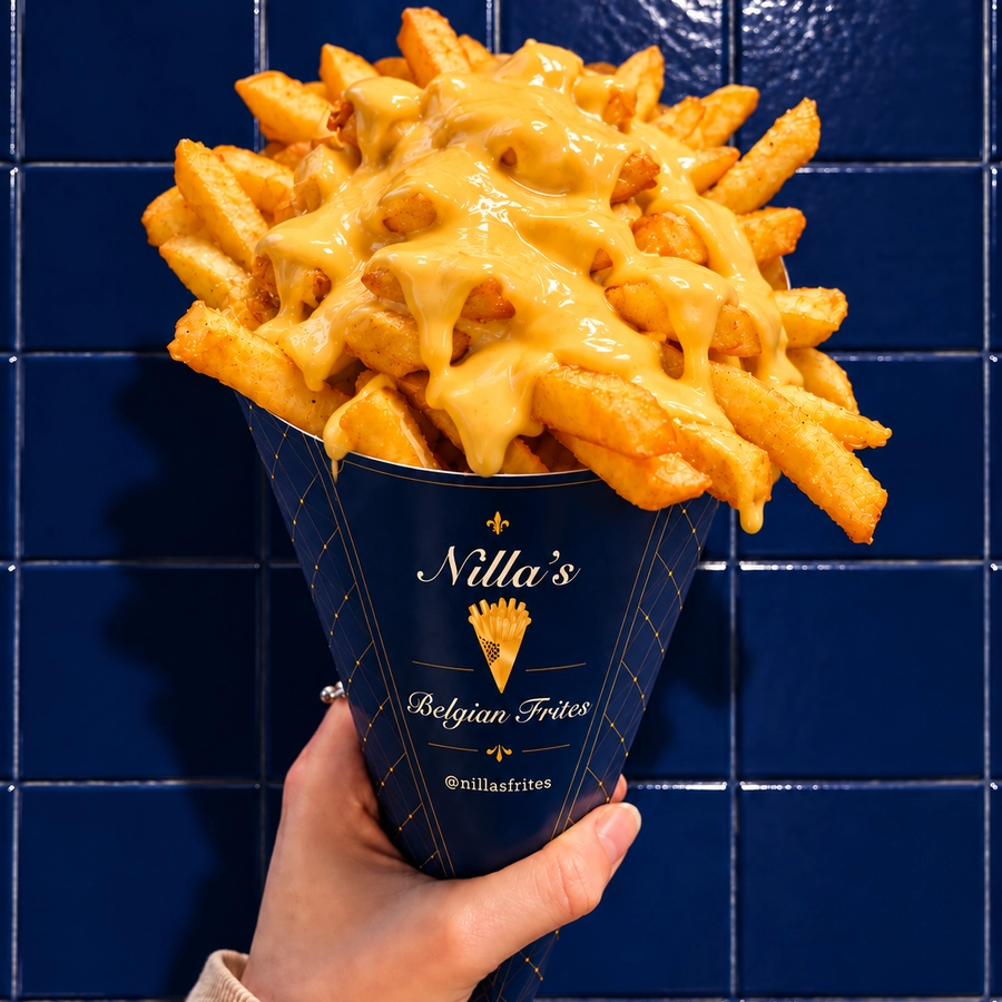 Nillas Belgian frites cone smothered in cheese sauce